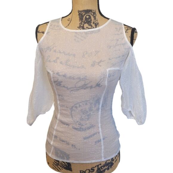 Maje Small (1) sheer cream pink and gold striped cold shoulder blouse - Picture 5 of 8